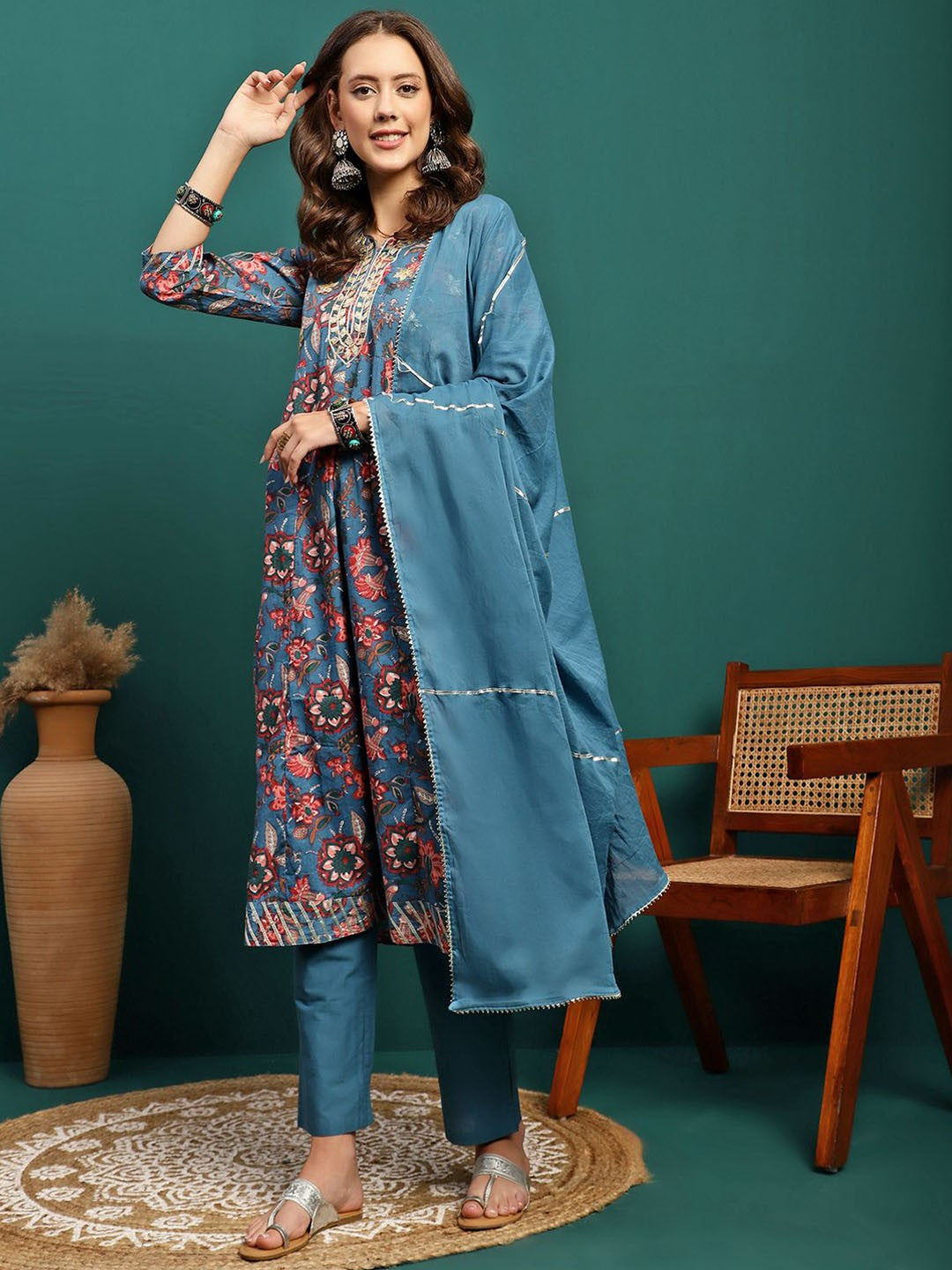 Floral Printed Gotta Patti Notch Neck Anarkali Kurta With Trousers & Dupatta