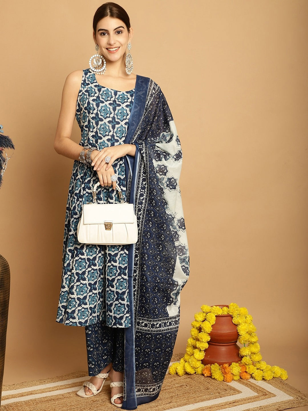 Ethnic Motifs Printed Pure Cotton Kurta With Palazzos & Dupatta