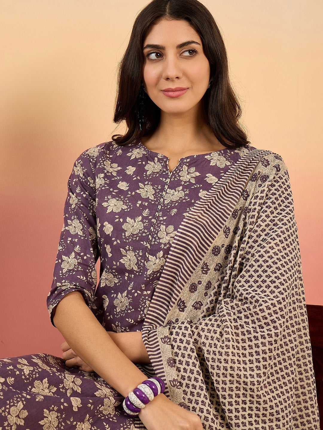 Floral Printed Pure Cotton Round Neck Kurta With Trousers & Dupatta