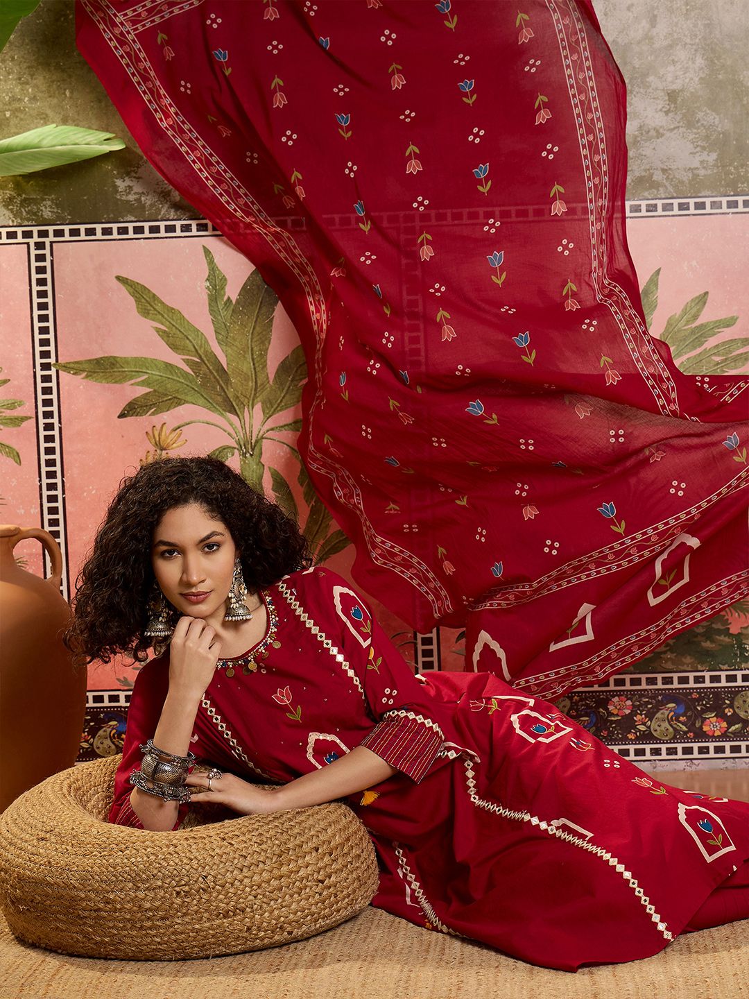 Printed Cotton Round Neck Kurta & Trousers With Dupatta