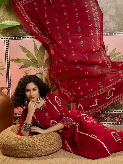Printed Cotton Round Neck Kurta & Trousers With Dupatta