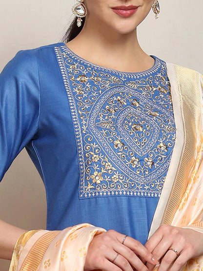 Women Embroidered Straight Kurta With Palazzo & Dupatta
