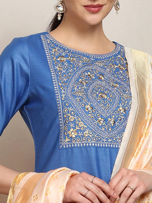 Women Embroidered Straight Kurta With Palazzo & Dupatta