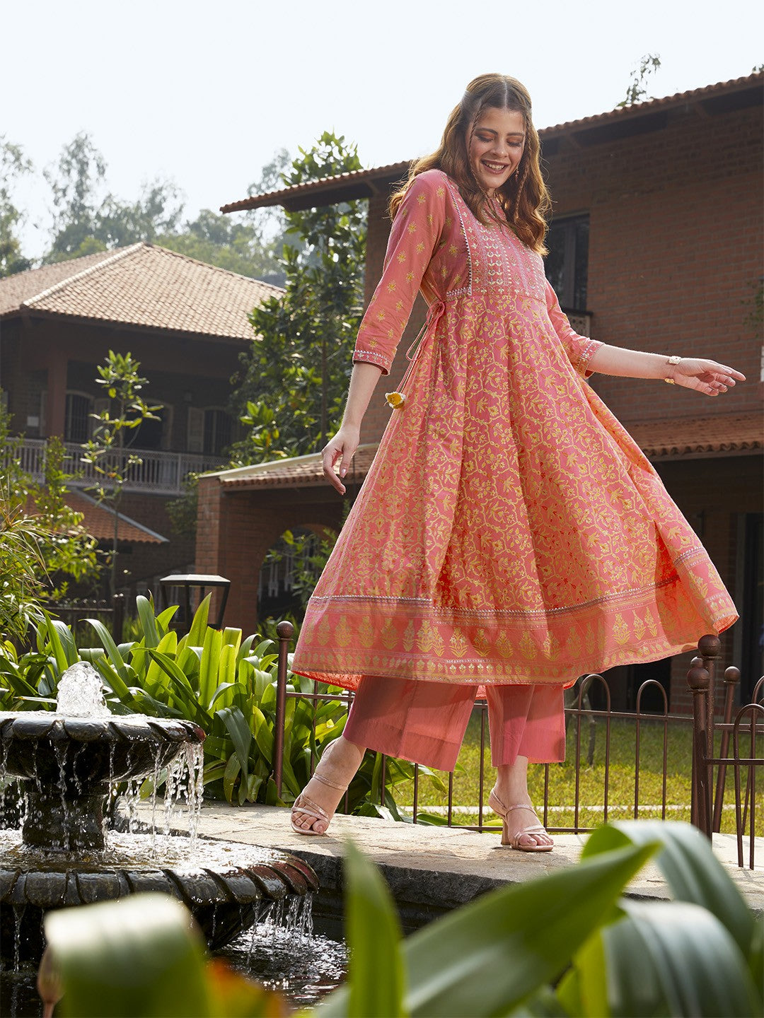 Women Coral Pink & Golden Ethnic Motifs Printed A-Line Pure Cotton Kurta Set