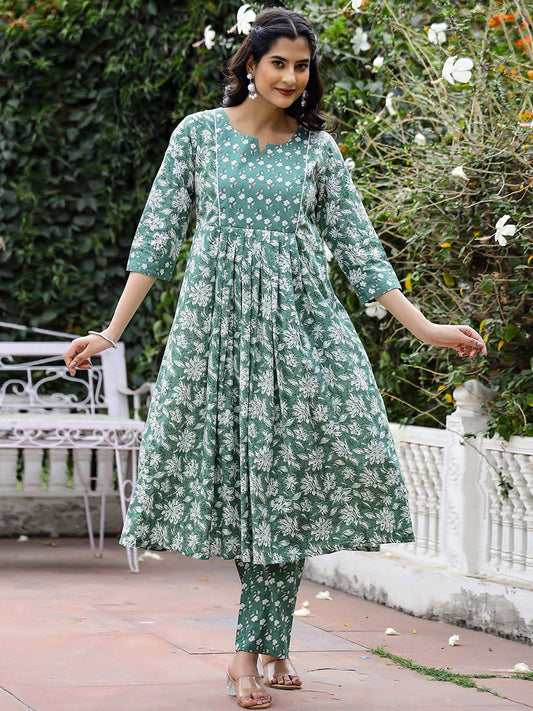 Women Floral Printed Angrakha Pure Cotton Kurta with Trousers