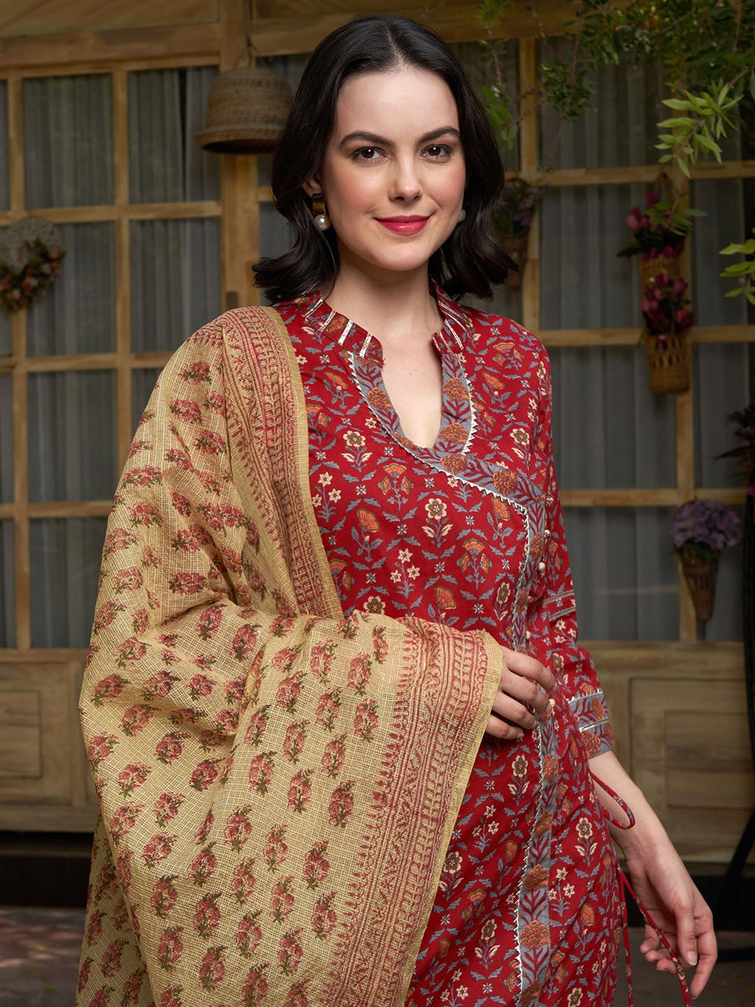 Maroon Floral Printed Angrakha Pure Cotton Kurta with Trousers & Dupatta