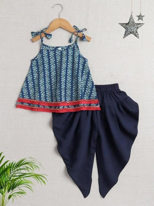 Printed Kids Girls Dhoti Kurta Set Frock Style Kurti With Dhoti Style Salwar Cotton Sleeveless Tie Up Lace Top Ethnic Dress