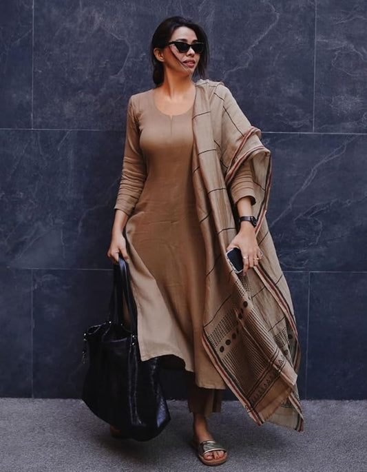 Women's Rayon Blend Solid Straight Kurta with Pant & Dupatta