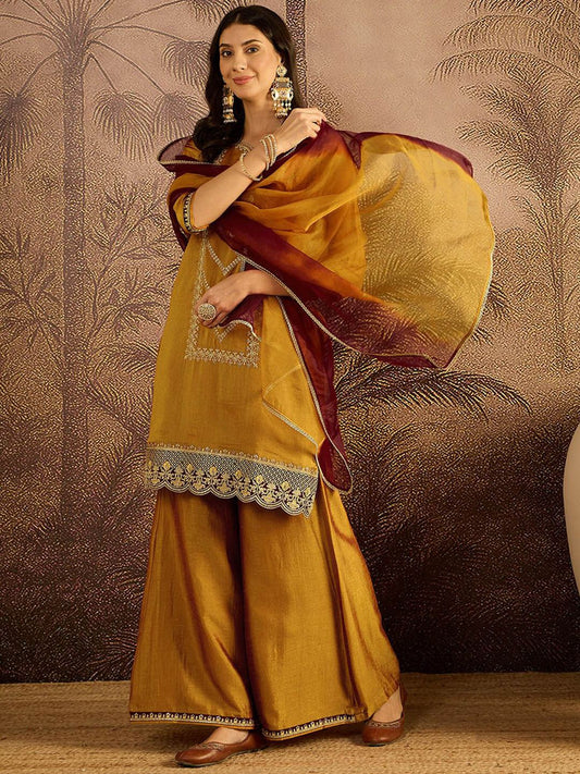 Embroidered Zari Sequence Thread Work Straight Kurta With Palazzos & Dupatta