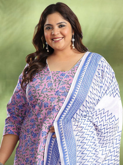 Plus Size Purple Printed Cotton Straight Suit With Dupatta