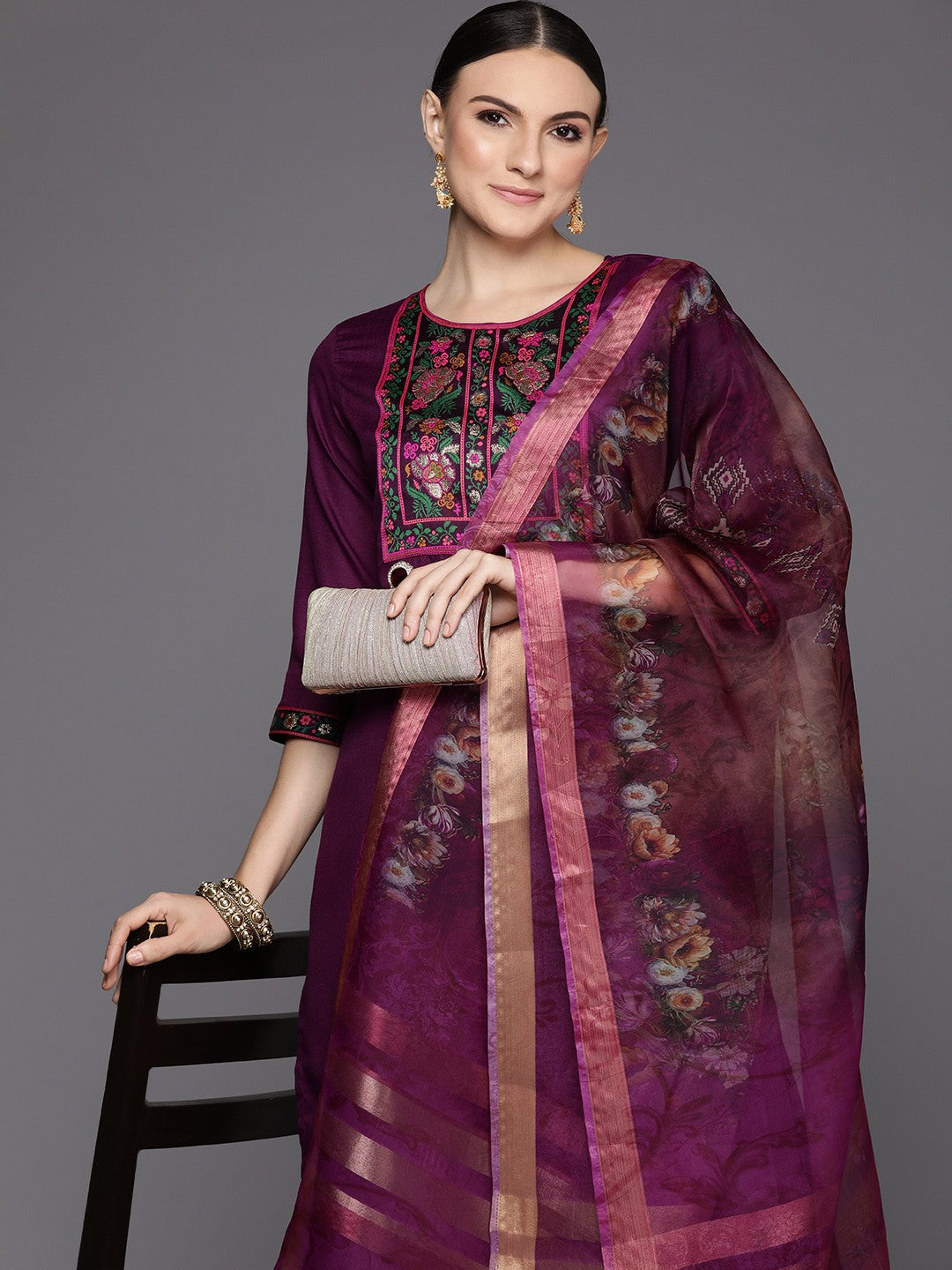 Women Purple Yoke Design Regular Kurta with Palazzos & With Dupatta