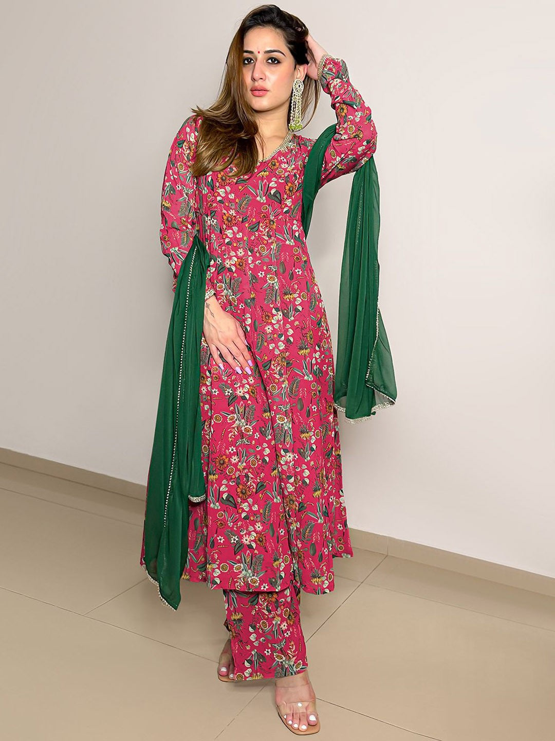 Floral Printed Kurta with Palazzo and Dupatta