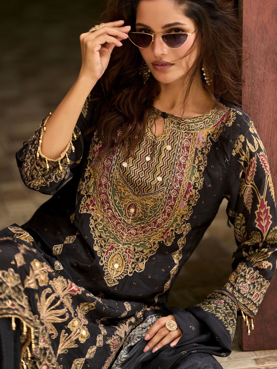 Ethnic Motifs Printed Pure Silk Straight Kurta With Trousers & Dupatta