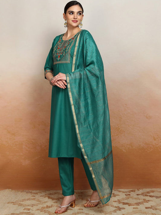 Green Floral Yoke Design Thread Work Straight Kurta With Trousers & Dupatta