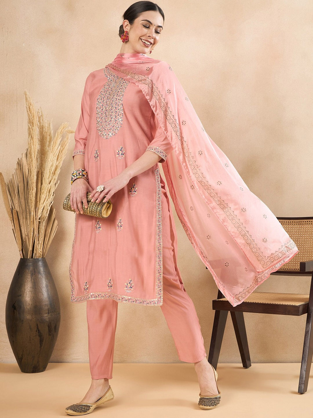 Peach-Coloured Floral Embroidered Regular Sequinned Kurta With Trousers & Dupatta