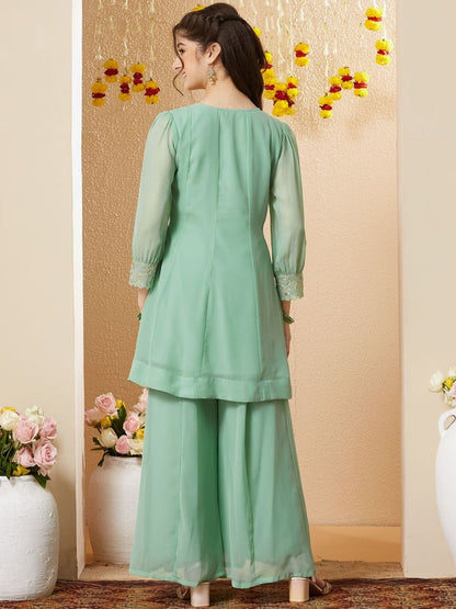 Girls Georgette Embroidered Kurta with Sharara Set