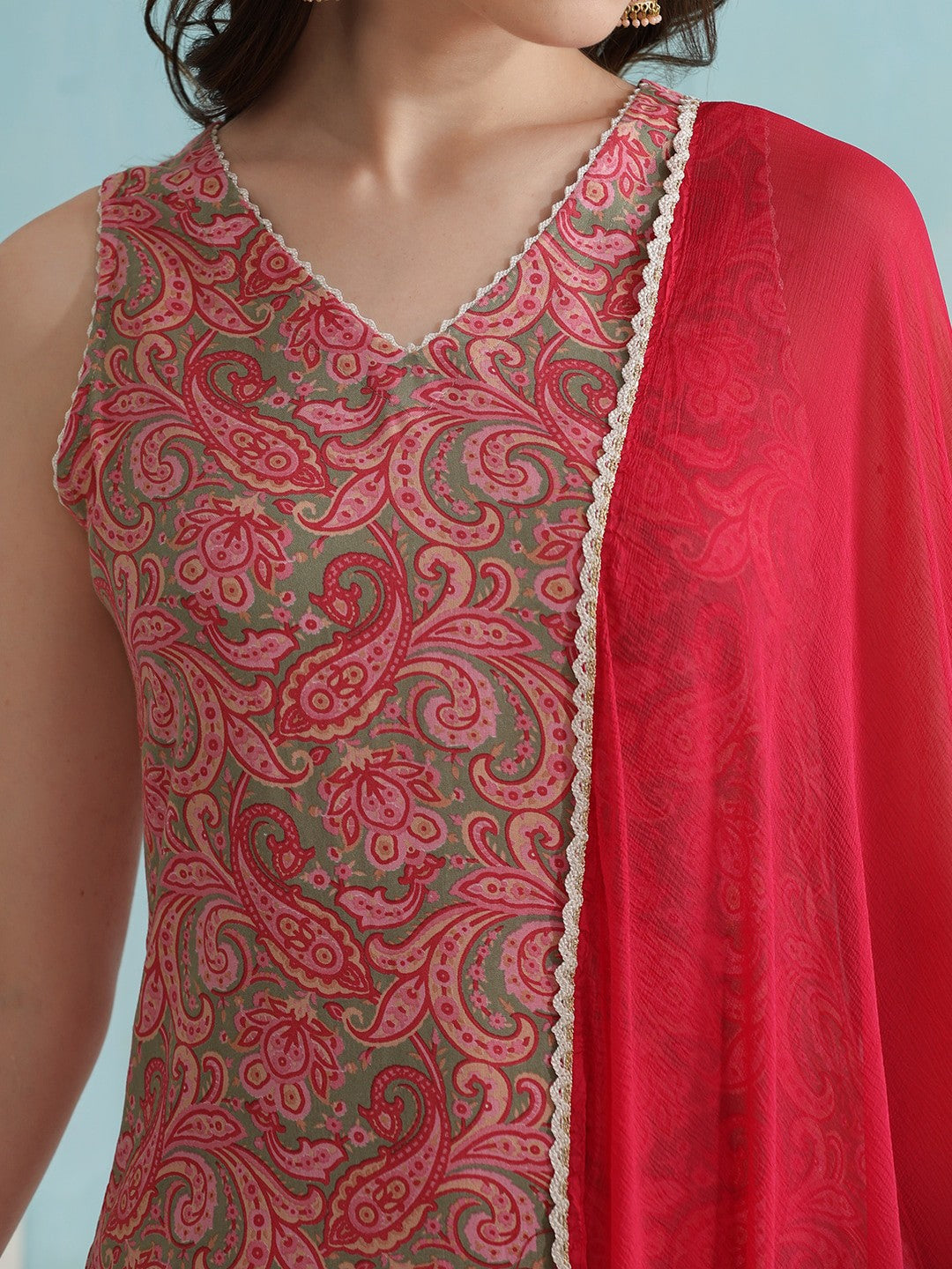 Paisley Printed V-Neck Sleeveless Kurta with Palazzos & With Dupatta