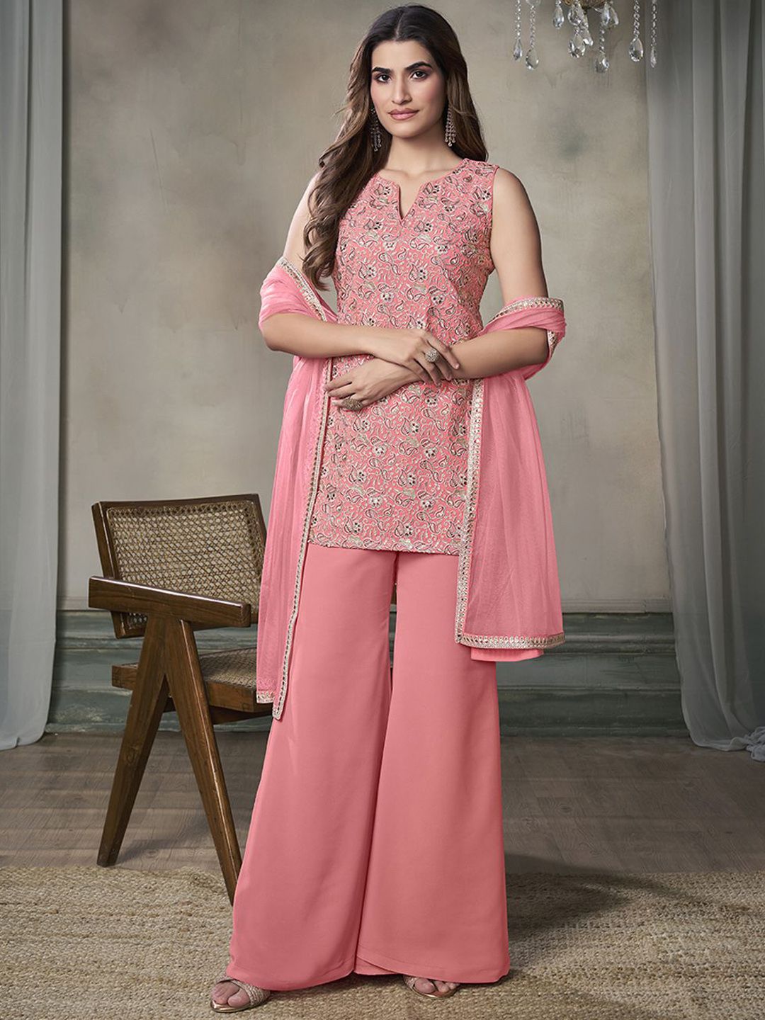 Paisley Embroidered Notch Neck Georgette Straight Kurta & Sharara with Dupatta