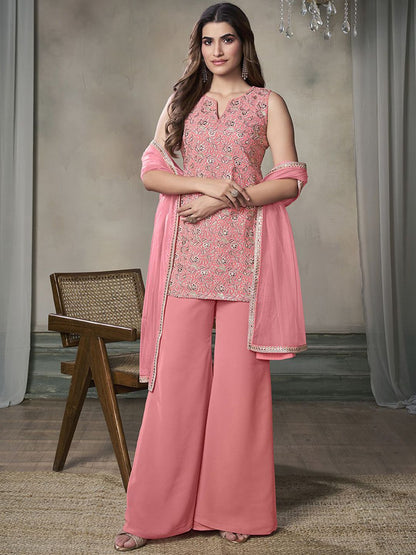 Paisley Embroidered Notch Neck Georgette Straight Kurta & Sharara with Dupatta