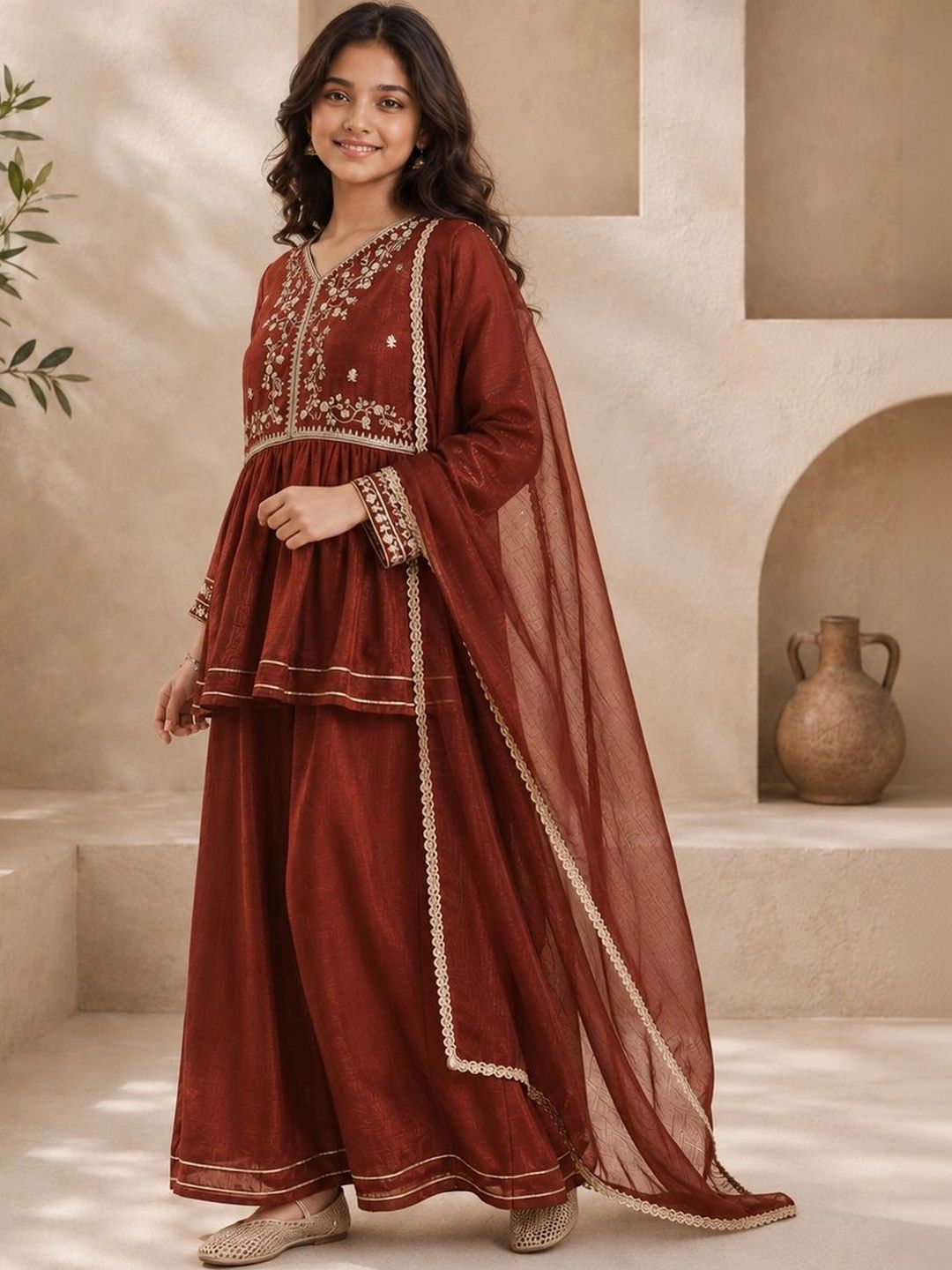 Girls Ethnic Motifs Embroidered Empire Thread Work Pure Silk Kurta with Sharara & With Dupatta