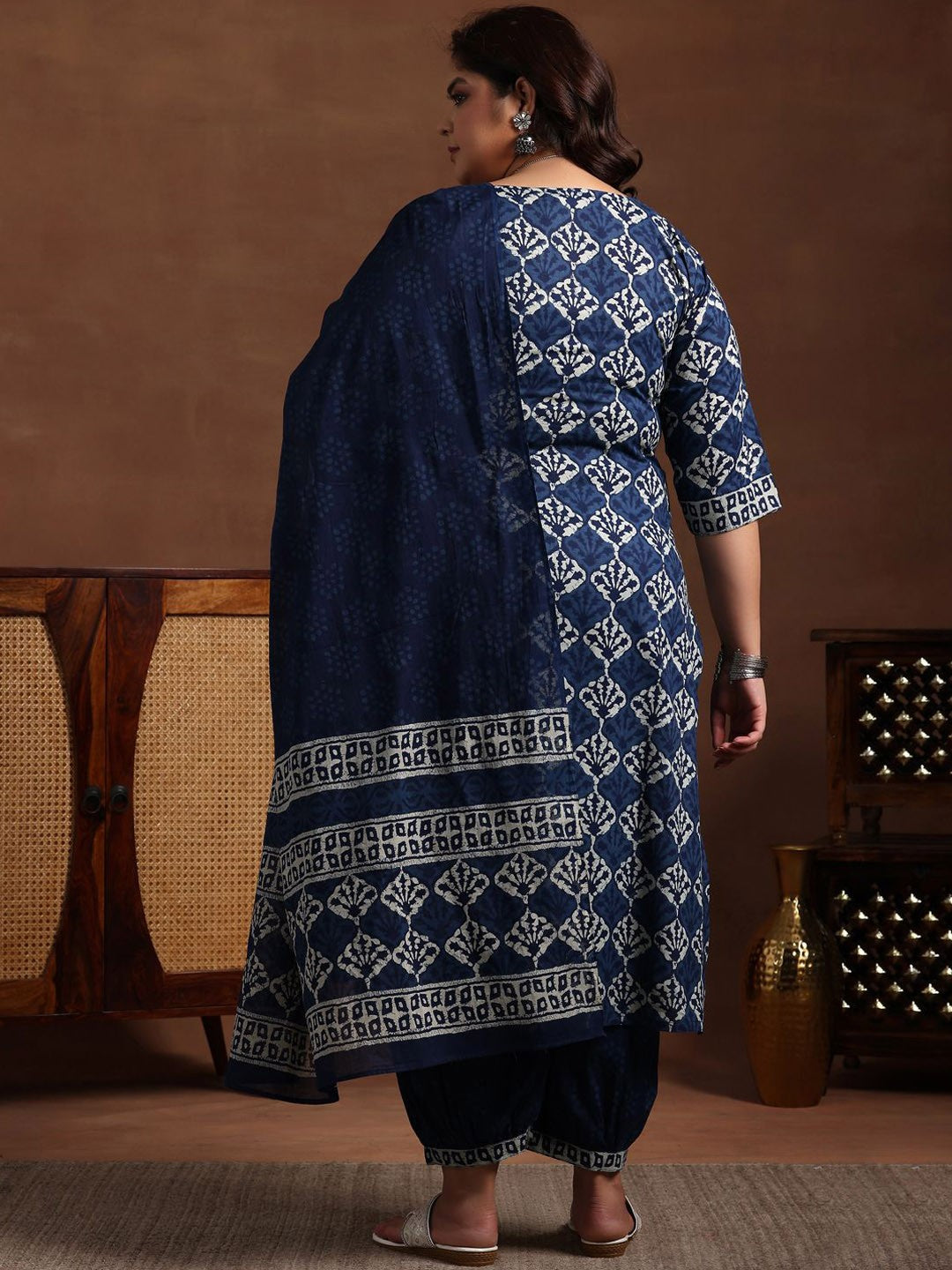 Plus Size Ethnic Motif Printed Pure Cotton Kurta with Salwar & Dupatta