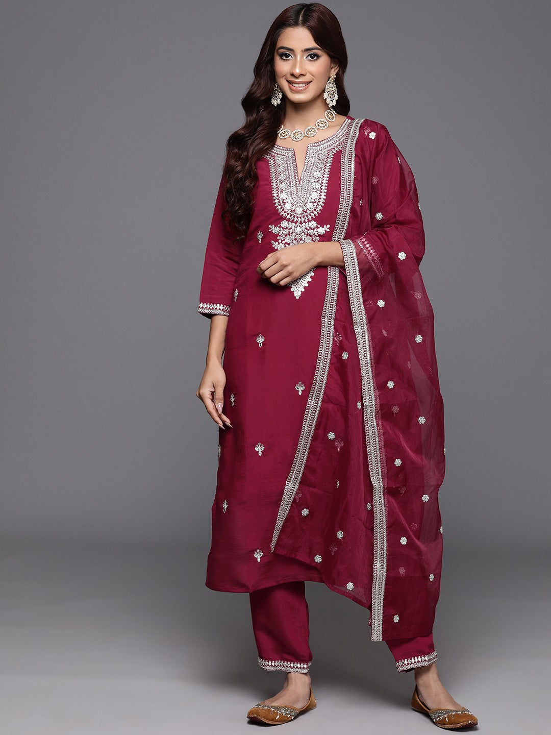 Embroidered Regular Sequinned Kurta with Trousers & Dupatta