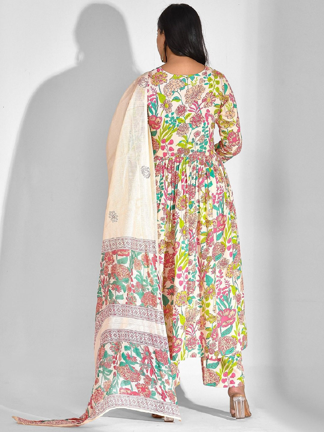 Floral Printed V-Neck Anarkali Kurta With Palazzos & Dupatta