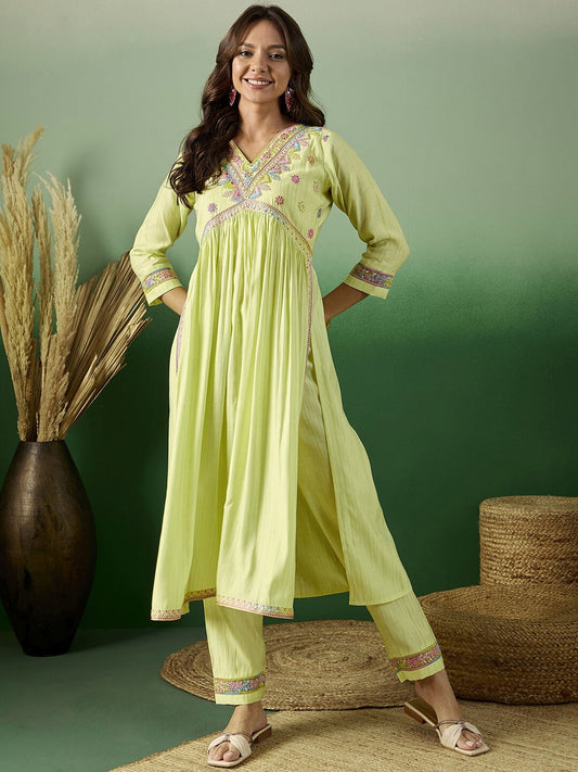Embroidered Sequinned V-Neck A-Line Kurta With Trouser