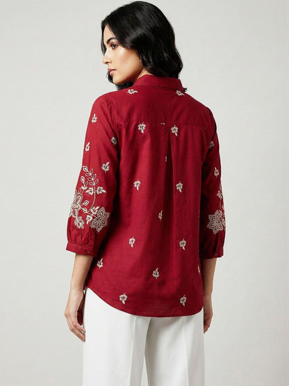 Women Shirt Collar Embroidered Tunic