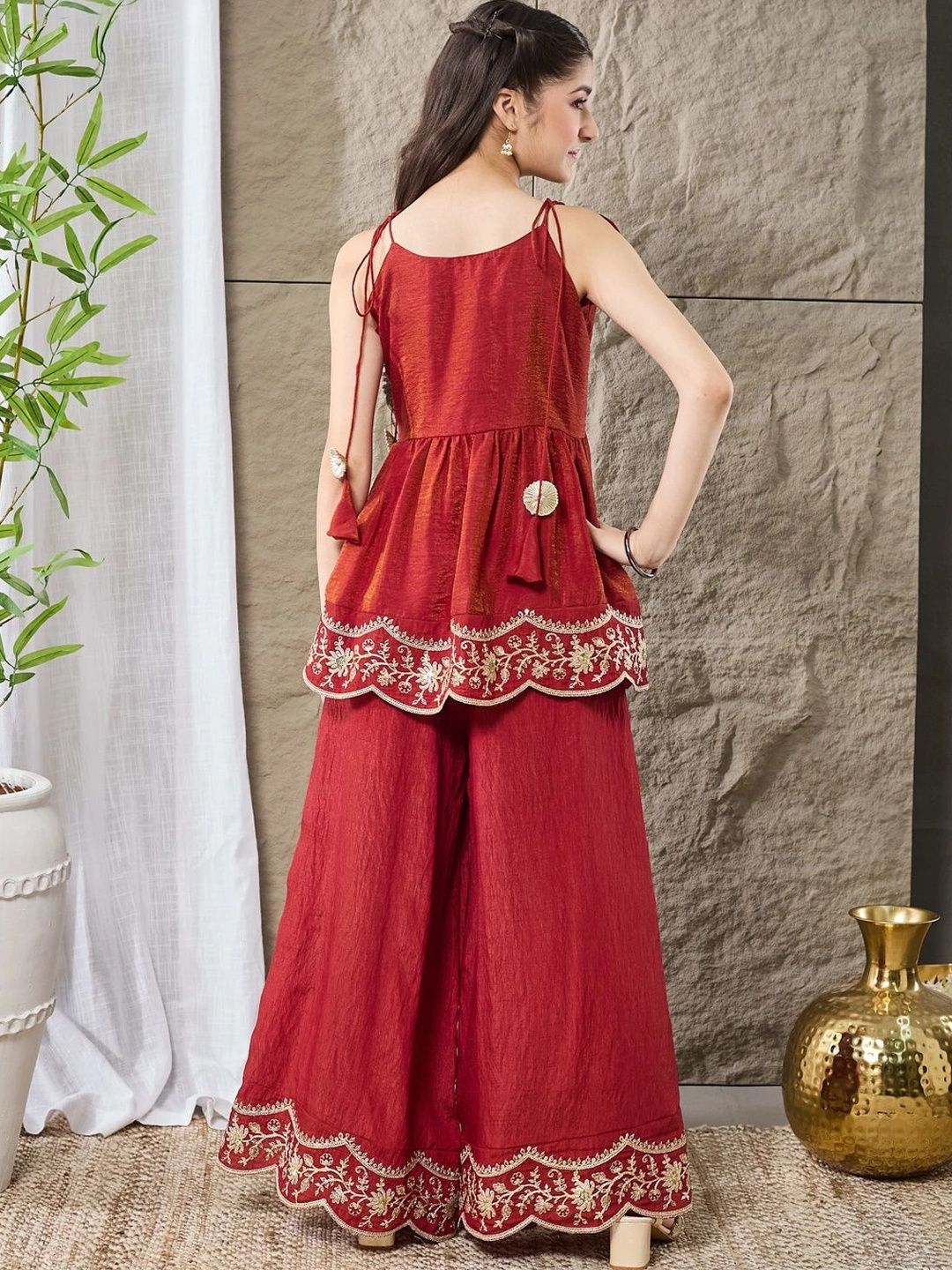 Girls Rust Red Embroidered Peplum Kurta With Plazzo Set