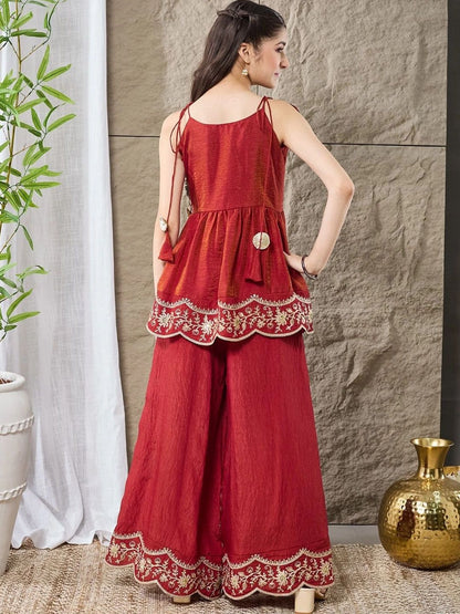 Girls Rust Red Embroidered Peplum Kurta With Plazzo Set
