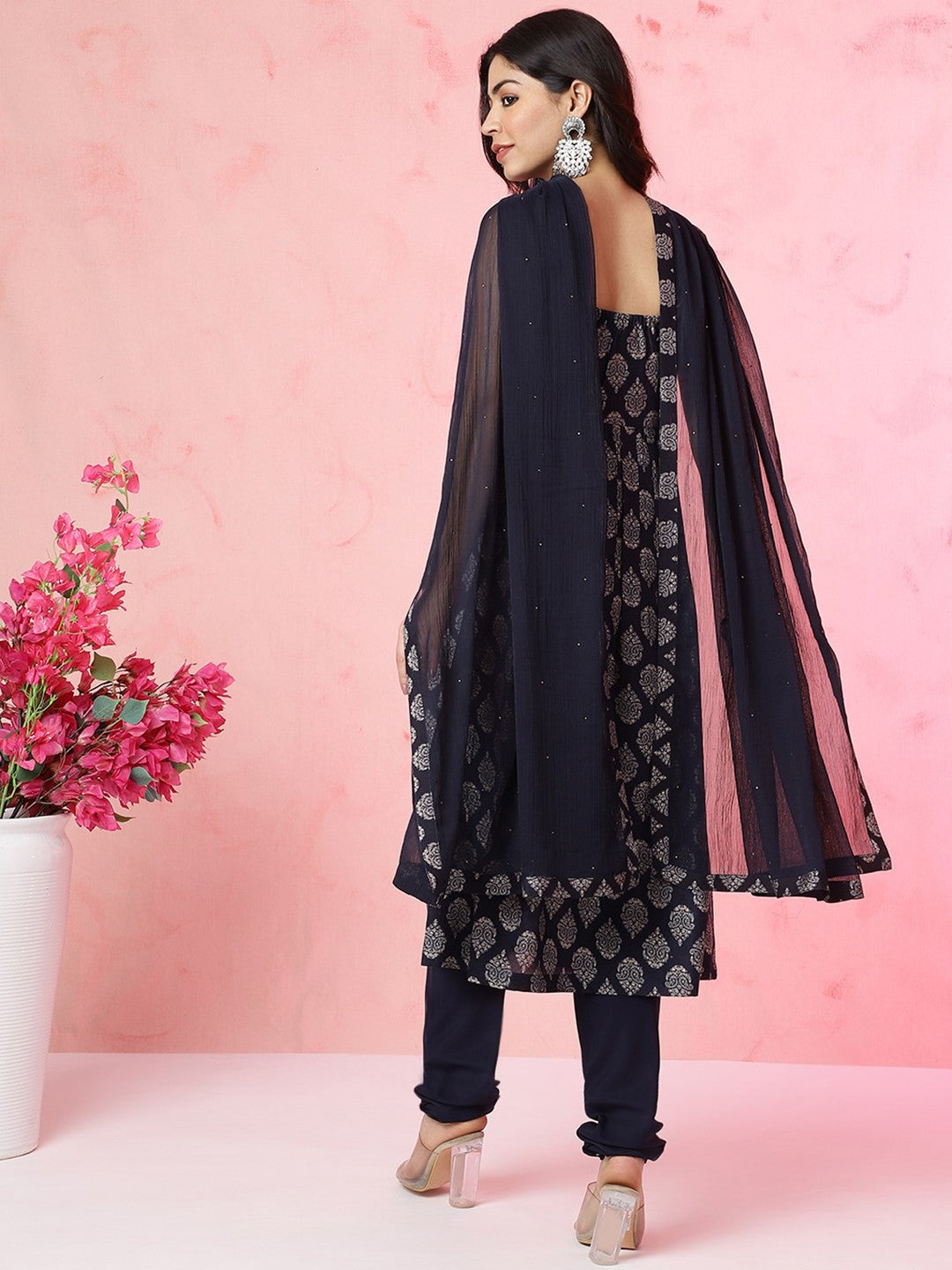 Shoulder Straps Sleeveless Ethnic Printed Empire Kurta with Churidar & Dupatta