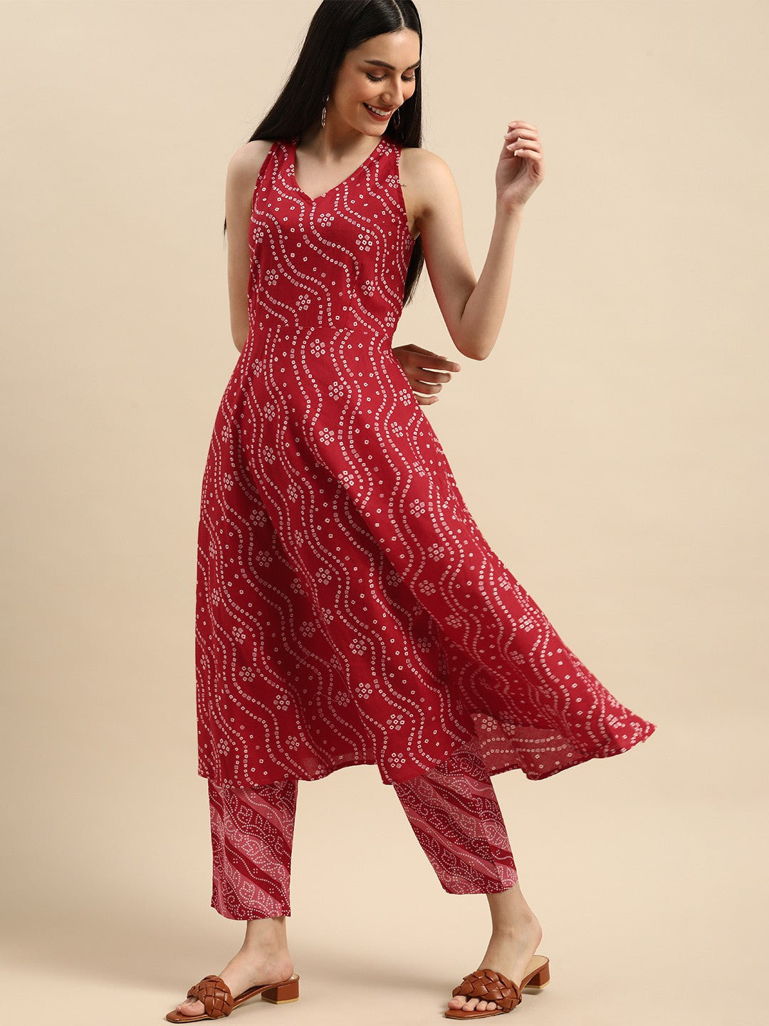 Women Red Printed Anarkali Pure Cotton Kurta with Trousers