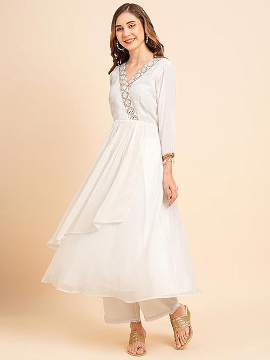 Women's Georgette Lurex Layered Ethnic Wear Kurta (Kurta dress only)