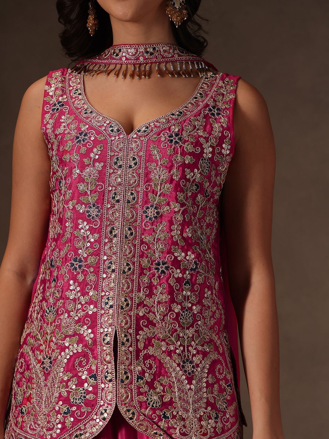 Women Ethnic Motifs Embroidered Regular Thread Work Silk Chiffon Kurta with Palazzos & With Dupatta