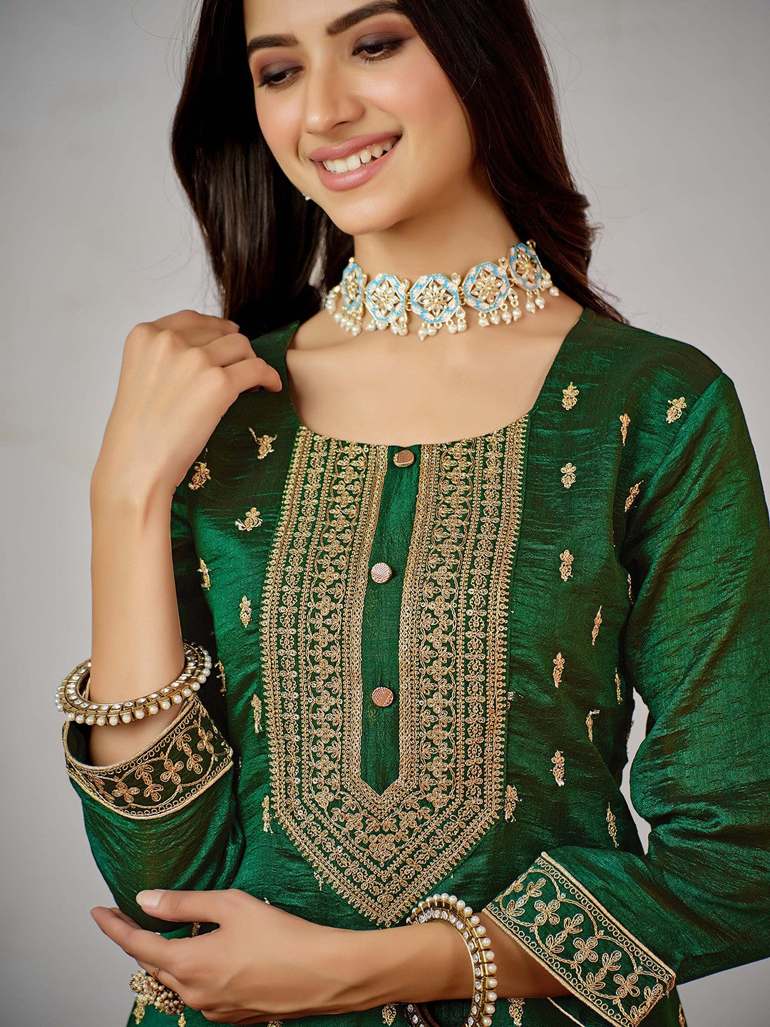 Green Ethnic Motifs Embroidered Kurta with Churidar & Dupatta