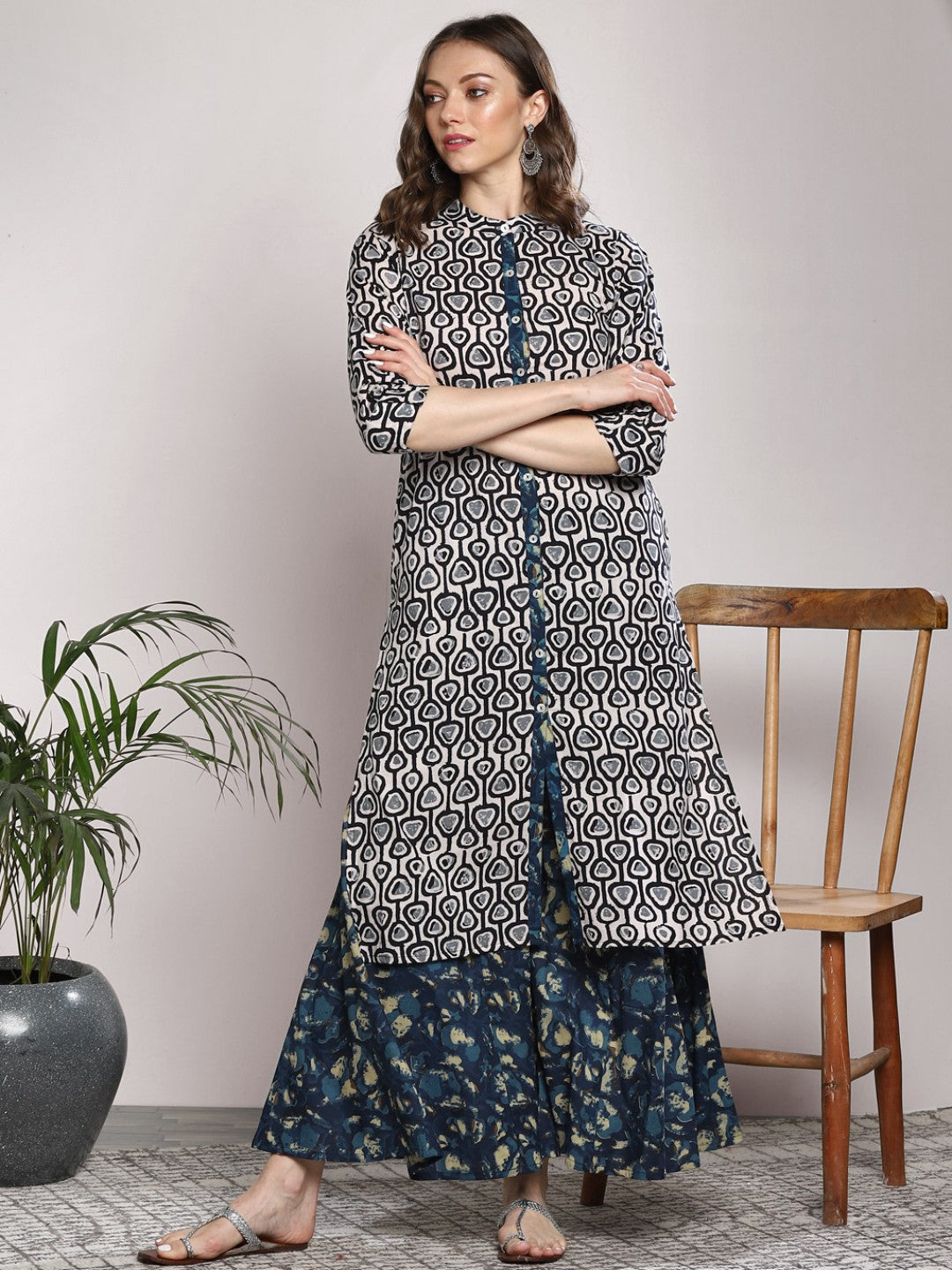 Women Beige & Black Printed Kurta with Palazzos