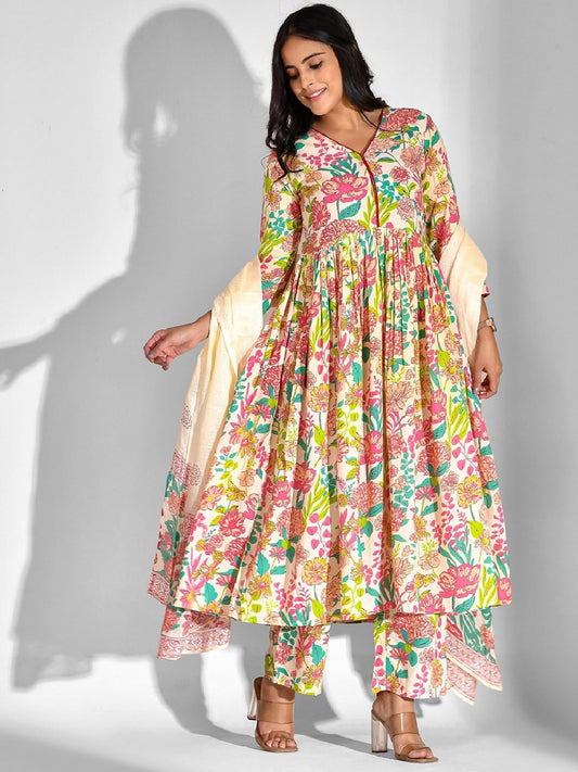 Floral Printed V-Neck Anarkali Kurta With Palazzos & Dupatta