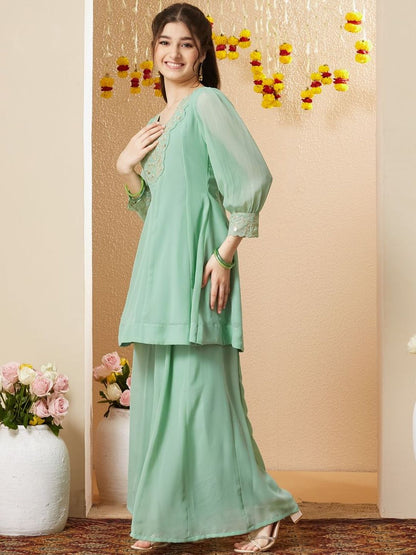 Girls Georgette Embroidered Kurta with Sharara Set