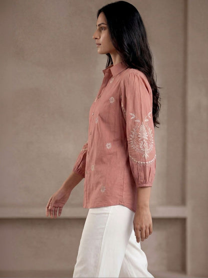Women Shirt Collar Embroidered Tunic