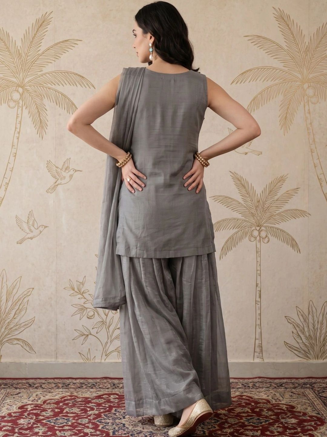 Women Ethnic Motifs Embroidered Tiered Thread Work Kurta with Sharara & With Dupatta