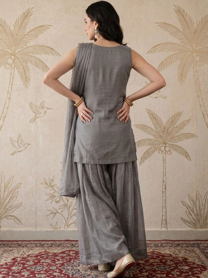Women Ethnic Motifs Embroidered Tiered Thread Work Kurta with Sharara & With Dupatta