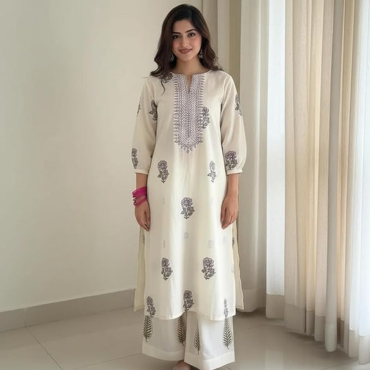 Comfy Women Kurta with Palazzo - White