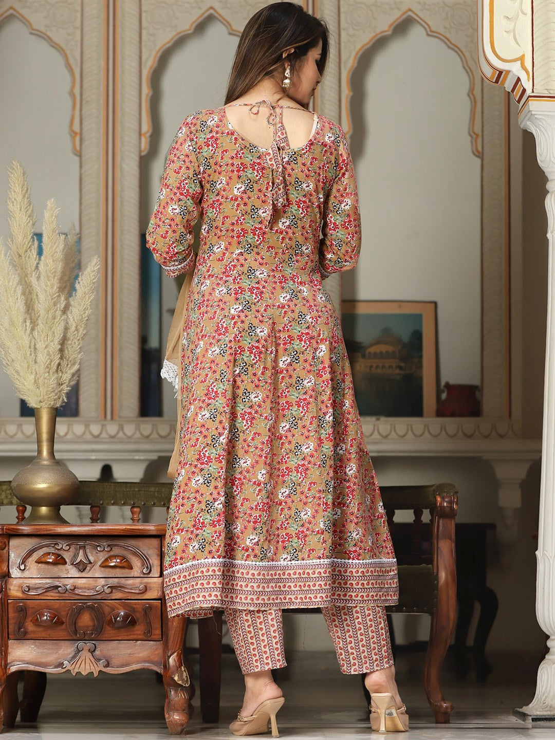 Floral Printed Mirror Work Anarkali Kurta With Trousers & Dupatta