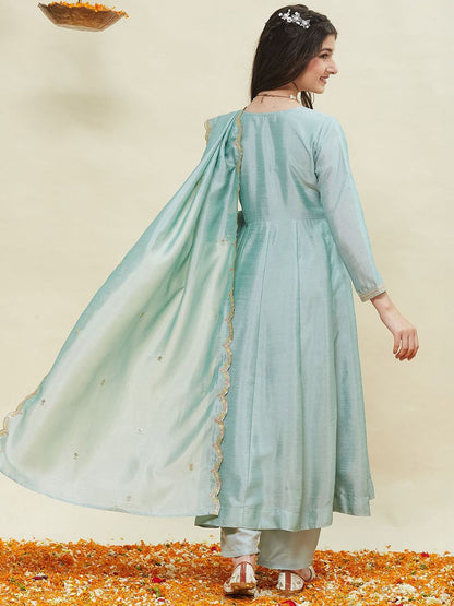Girls Silk Embroidered Anarkali Kurta and Pant Set with Dupatta
