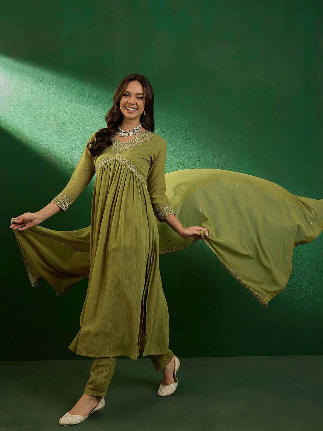 Embroidered V-Neck Kurta With Trousers & Dupatta