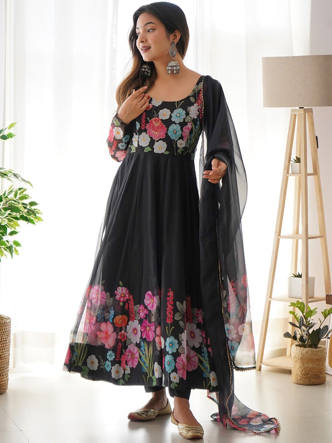 Floral Printed Anarkali Kurta With Trousers & Dupatta