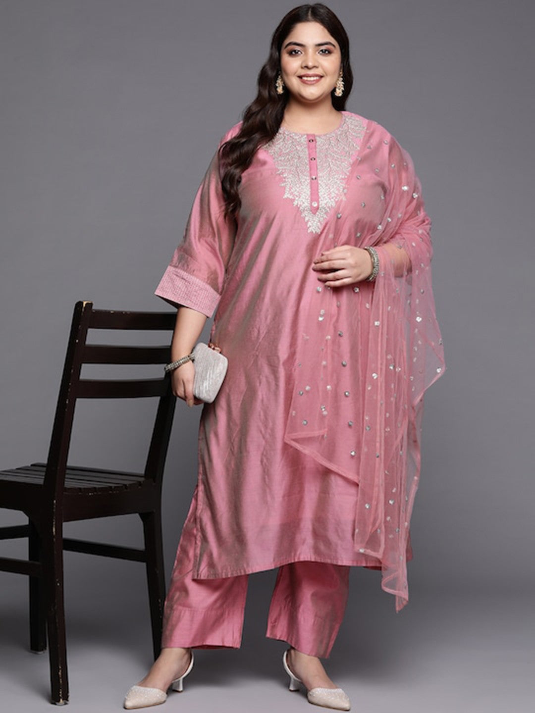 Plus Size Floral Embroidered Regular Chanderi Silk Kurta & Trousers With Dupatta