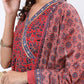 Red & Blue Floral Printed Angrakha Kurta With Palazzos & Dupatta