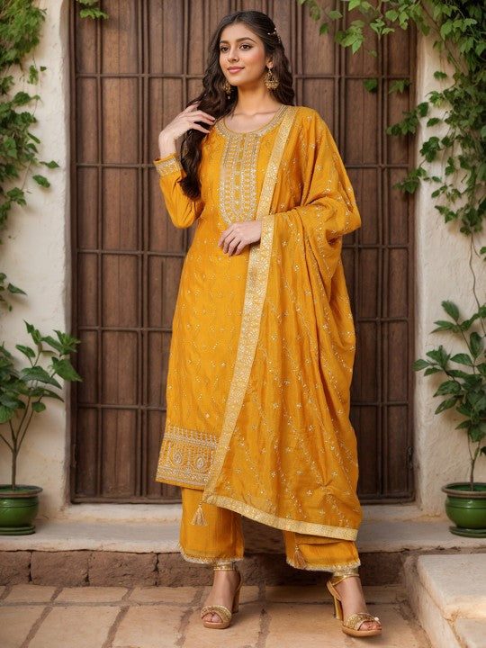 Ethnic Motifs Embroidered Sequinned Kurta With Palazzos & Dupatta